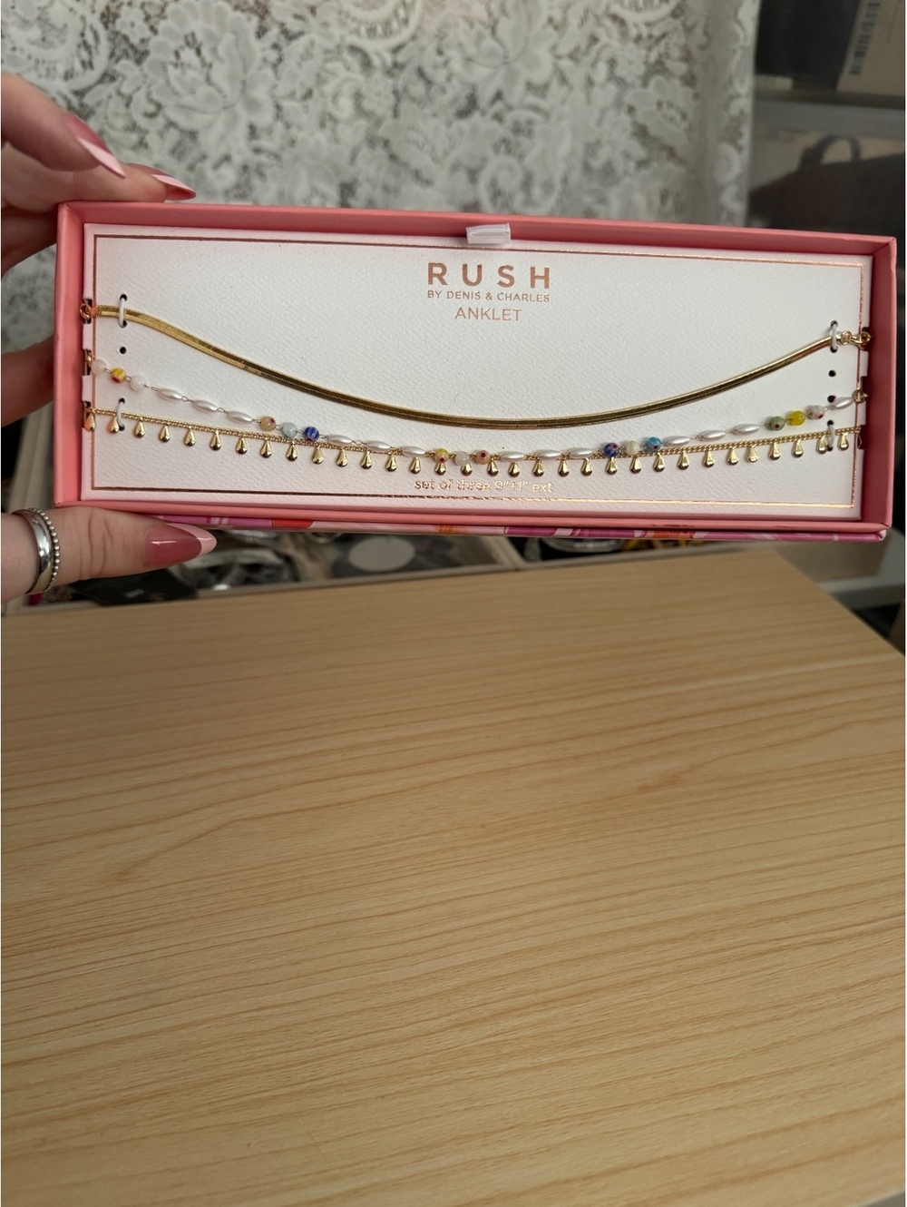RUSH by Denis & Charles Set of 3 Gold Tone Anklets Beaded Teardrop New - Picture 2 of 4